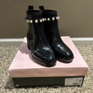 Kate Spade Puddle Pearls Black Ankle Booties with Pearl Embellishments